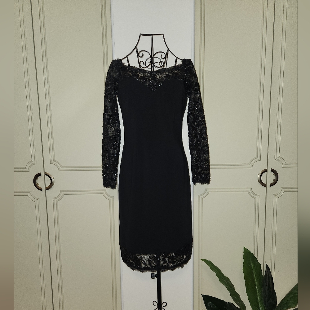 JS Collections Embroidered Sequin Long Sleeve Lace Black Dress Size 4